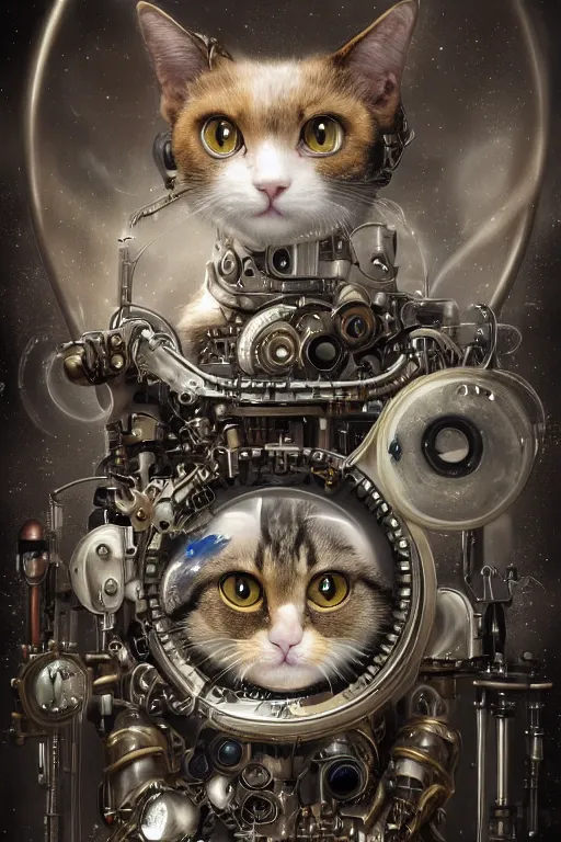 Image similar to a beautiful intricate fine art portrait photo of a a mechanical industrial steampunk cybernetic cute cat with large eyes against galactic space, soft backlight, by tom bagshaw and zach sutton, perfection!, milk bath photography, studio lighting, 5 0 mm lens, very detailed, bionic, cybernetic scifi, deep depth of field, artstation, 8 k, highly coherent