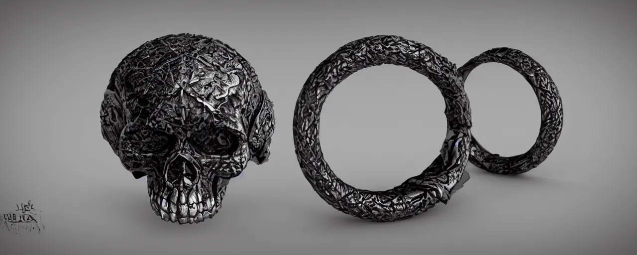 Image similar to simple magic ring of poison, ring, skull, wax, black, smooth shank, crystals, engravings, product design, jewelry, art by gerald brom, greg rutkowski and artgerm and james jean, photo realism, unreal engine, c 4 d