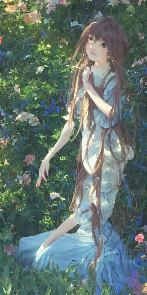 Image similar to a digital art of a loli with long hair in a dress in the privet garden at after noon, blue and warm theme, back lighting, by krenz cushart and mucha and akihito yoshida and greg rutkowski and makoto shinkai, detailed eyes, 4 k resolution, trending on art station