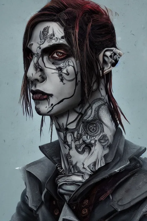 Image similar to portrait of beautiful young gothic man, warhammer, a lot of scars, readhead, the future ages, highly detailed, artstation, illustration, art by tristan eaton, 8 k quality