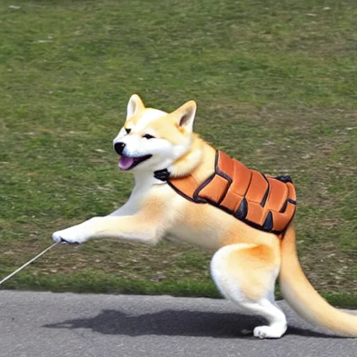 Prompt: shiba inu riding a war tortoise into battle