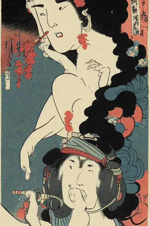 Image similar to a goddess with headphones enjoying music and smoking a cigarette, in a silent disco rave, by katsushika hokusai, by ralph steadman, storybook illustration, cool color palette, in a symbolic and meaningful style, single figure