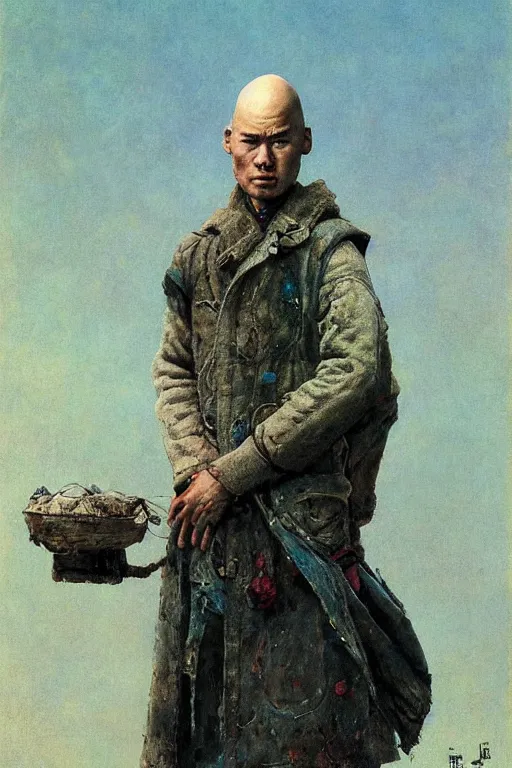 Image similar to beautiful cute bald kazakh guy with a short beard, painted by beksinski, norman rockwell, jack kirby, tom lovell, alex malveda, greg staples