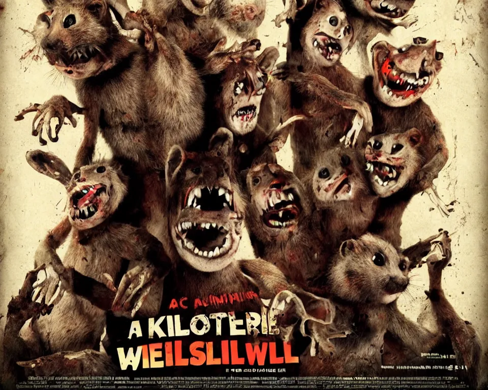 Prompt: a horror movie poster featuring killer animatronic weasels