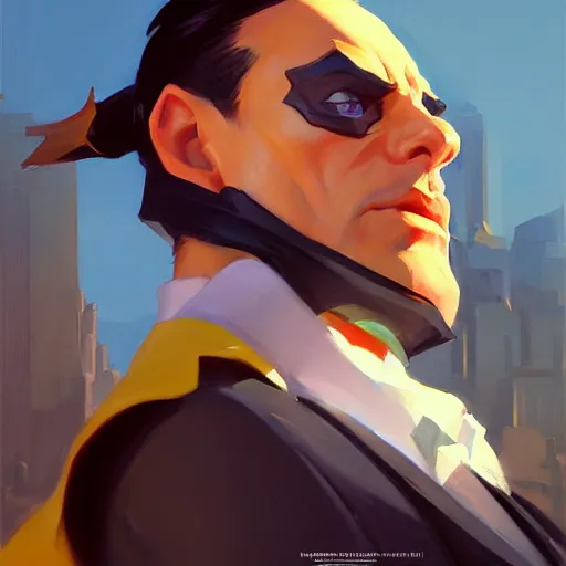 Image similar to greg manchess portrait painting of banker as overwatch character, medium shot, asymmetrical, profile picture, organic painting, sunny day, matte painting, bold shapes, hard edges, street art, trending on artstation, by huang guangjian and gil elvgren and sachin teng