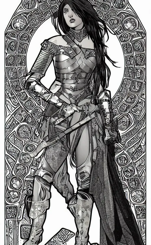 Image similar to armored woman in medieval setting fantasy style, digital art, dark and gritty style, drawn by alphonse mucha