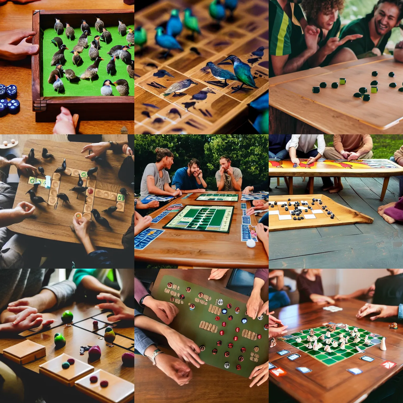 Prompt: photo of a dozen kiwis kiwi birds kiwi birds sitting around a wooden rectangular table playing a board game