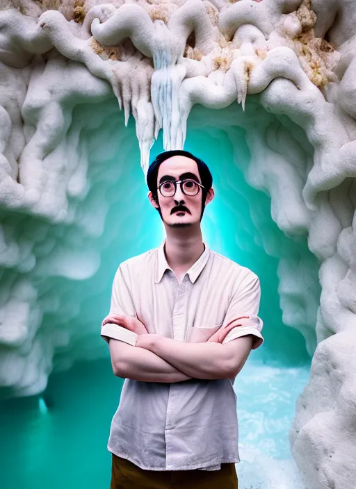 Image similar to Kodak Portra 400, 8K, soft light, volumetric lighting, highly detailed, portrait photo of a Filthy Frank by WLOP, the face emerges from a Pamukkale, thermal waters flowing down white travertine terraces with lotus flowers, inspired by Ophelia paint , blue shirt and hair are intricate with highly detailed realistic beautiful flowers , Realistic, Refined, Highly Detailed, ethereal lighting colors scheme, outdoor fine art photography, Hyper realistic, photo realistic, masterpiece