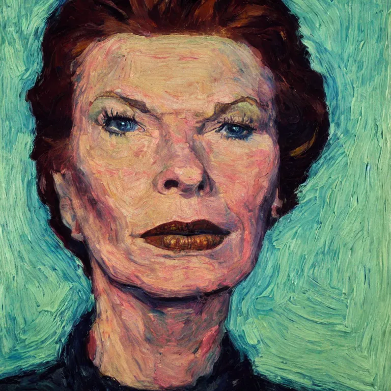 Image similar to close up studio portrait of Katherine Hepburn, age 30, gorgeous face, wearing a punk outfit in 1987, impasto heavy brushstrokes oil painting by Paula Modersohn Becker and Tim Hawkinson and Cy Twombly, Intense colors trending on artstation dramatic lighting Expressionism