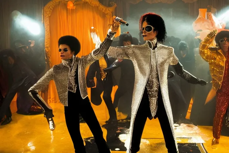 Image similar to Tilda Swinton as Michael Jackson in 'Jackson 5!' (2020), movie still frame, promotional image, imax 70 mm footage, oscar nominated cinematography, volumetric lighting, 8k resolution