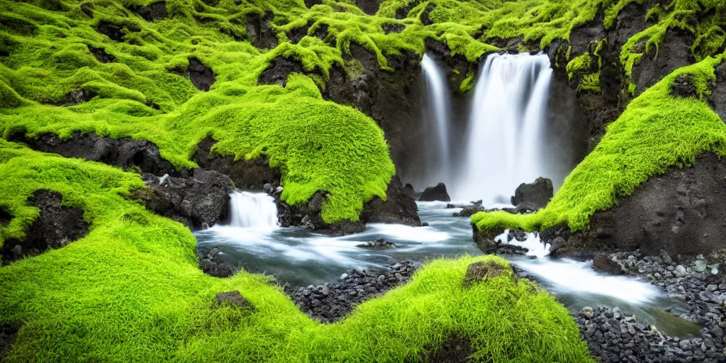 Image similar to photo of a landscape with lush forest, wallpaper, very very wide shot, iceland, new zeeland, green flush moss, national geographic, award landscape photography, professional landscape photography, waterfall, stream of water, hanging flowers, big sharp rock, ancient forest, primordial, sunny, day time, beautiful