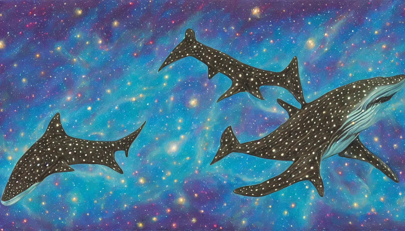 Image similar to oil painting of one whale shark flying in front of a colorful swirling galaxy, shimmering stars, milky way