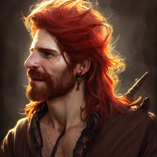 Image similar to portrait of a young ruggedly handsome but joyful pirate, male, masculine, upper body, red crimson hair, long hair, fantasy, roguish smirk, intricate, elegant, highly detailed, digital painting, artstation, concept art, matte, sharp focus, illustration, art by artgerm and greg rutkowski and alphonse mucha