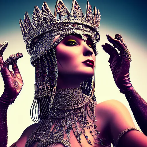 Image similar to queen of metal profile, 4 k, ornate and intricate, jaw dropping, surreal, octane render