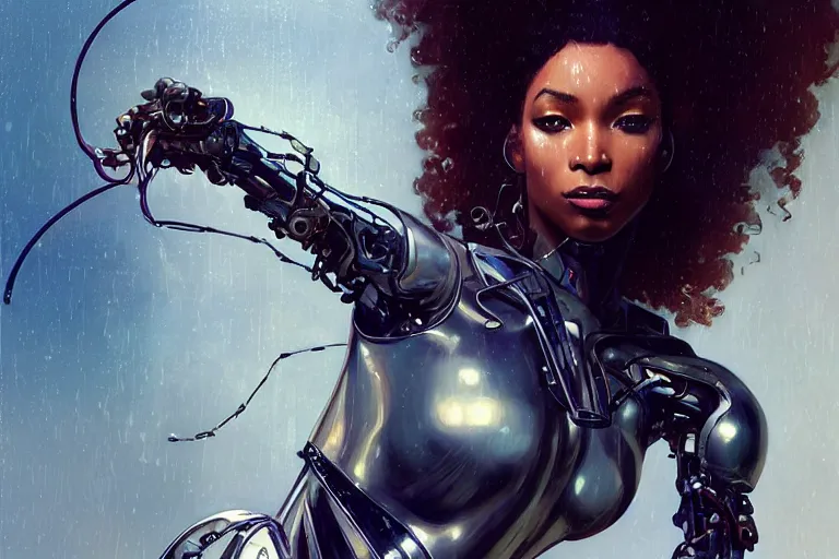 Image similar to cyborg hacker normani as aeon flux profile picture by greg rutkowski, dynamic pose, intricate, futuristic, fantasy, elegant, by stanley artgerm lau, greg rutkowski, thomas kindkade, alphonse mucha, loish, norman rockwell, metal chrome, shiny, rainy day, asymmetric, long afro hair, wires,