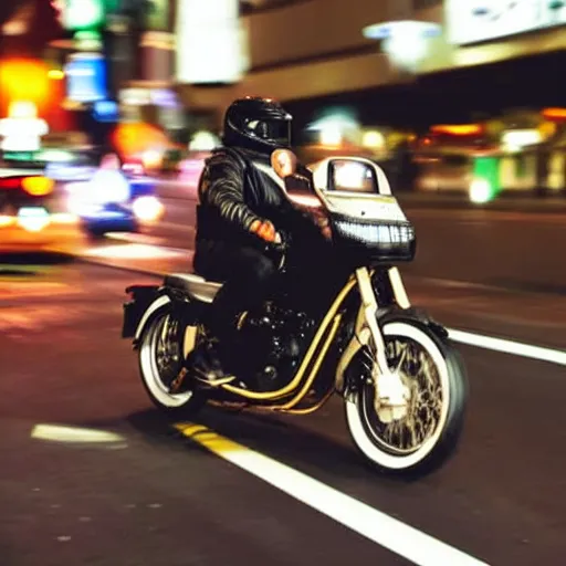 Image similar to duck driving a motorcycle through tokyo at night