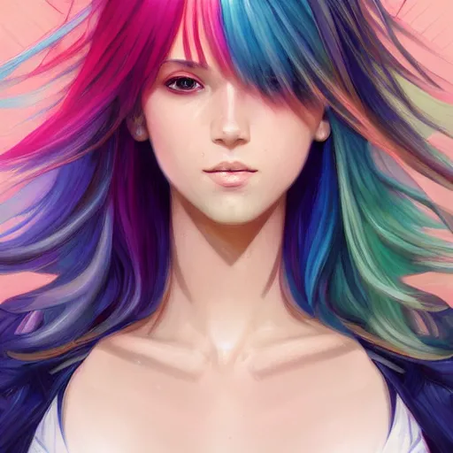 Image similar to portrait of beautiful symmetrical anime girl, rainbow hair, attractive, casual, modern, victoria's secret, highly detailed, digital painting, artstation, concept art, smooth, sharp focus, illustration, art by artgerm, greg rutkowski and alphonse mucha, 8 k,