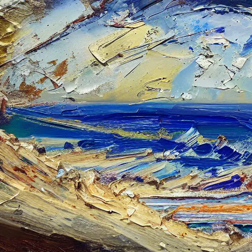 Prompt: oil paint impasto relief, beautiful italian beach scene, rough sea, multi layered thick brush marks, some splattered paint, in the style of ivan shishkin and frank auerbach and van gogh