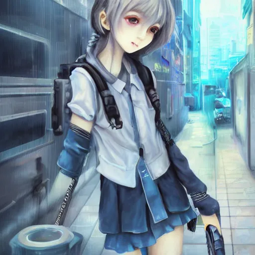 Image similar to dynamic composition, motion, ultra-detailed, incredibly detailed, a lot of details, amazing fine details and brush strokes, colorful and grayish palette, smooth, HD semirealistic anime CG concept art digital painting, watercolor oil painting of Clean and detailed post-cyberpunk sci-fi close-up schoolgirl in asian city in style of cytus and deemo, blue flame, relaxing, calm and mysterious vibes,, by a Chinese artist at ArtStation, by Huang Guangjian, Fenghua Zhong, Ruan Jia, Xin Jin and Wei Chang. Realistic artwork of a Chinese videogame, gradients, gentle an harmonic grayish colors. set in half-life 2, Matrix, GITS, Blade Runner, Neotokyo Source, Syndicate(2012), dynamic composition, beautiful with eerie vibes, very inspirational, very stylish, with gradients, surrealistic, dystopia, postapocalyptic vibes, depth of field, mist, rich cinematic atmosphere, perfect digital art, mystical journey in strange world