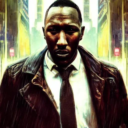 Image similar to mahershala ali, hyperrealistic portrait, bladerunner street, art of elysium by jeremy mann and alphonse mucha, fantasy art, photo realistic, dynamic lighting, artstation, poster, volumetric lighting, very detailed face, 4 k, award winning