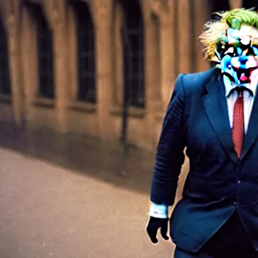 Image similar to uhd photorealisitc candid photo of boris johnson as the joker. correct makeup. correct face, accurate face. photo by annie leibowitz and steve mccurry