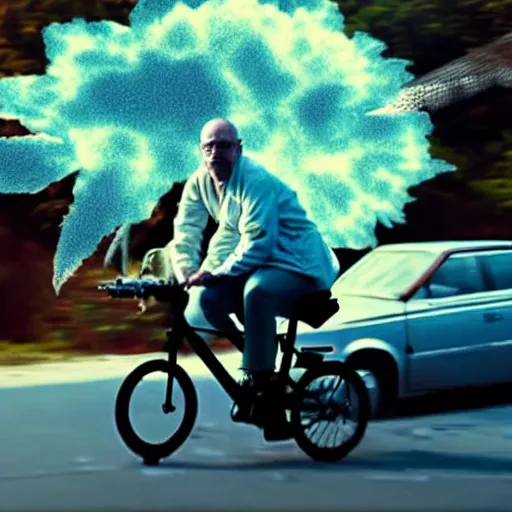 Image similar to photo of walter white riding a bike with an exploding car behind him, color, cinematic lighting