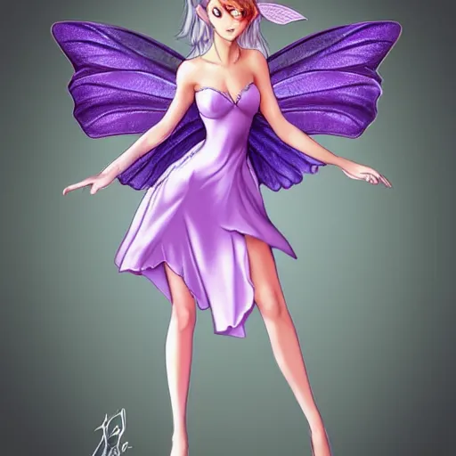 Image similar to very very very beautiful tiny fairy woman in her 20s with fairy wings wearing skintight purple dress, making eye contact, smiling, flirty, perfect body, perfect face, drawn by artgerm