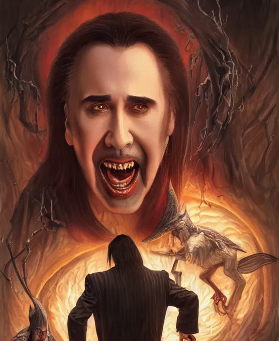 Image similar to Nicolas Cage as Dracula, highly detailed, centered, artstation, concept art, smooth, sharp focus, illustration, bokeh art by artgerm and donato giancola and Joseph Christian Leyendecker