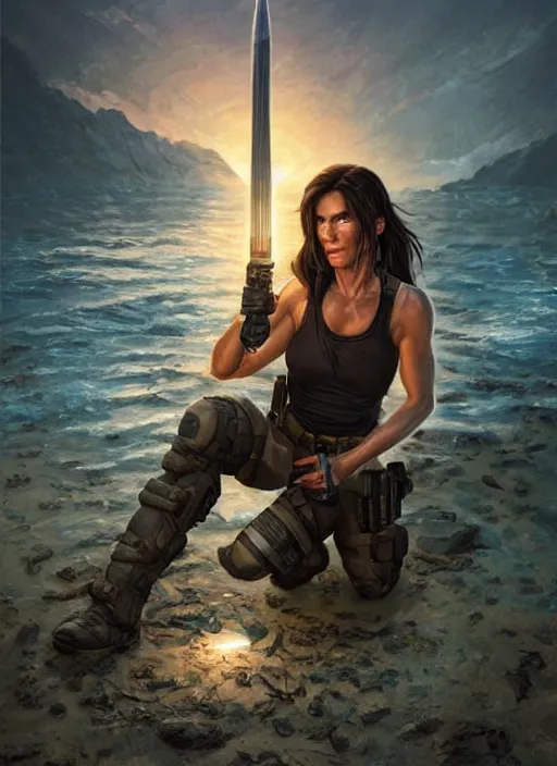 Image similar to Sandra Bullock as Lara Croft as a ruggedly handsome heroine kneeling next to a glowing artifact lodged in shallow water, intricate, elegant, highly detailed, artstation, concept art, smooth, sharp focus, illustration, bokeh art by artgerm and donato giancola and Joseph Christian Leyendecker, WLOP, fireflies