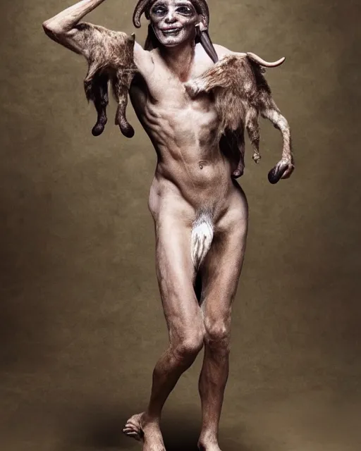 Image similar to Mauricio Macri in Elaborate Pan Satyr Goat Man Makeup and prosthetics designed by Rick Baker, Hyperreal, Head Shots Photographed in the Style of Annie Leibovitz, Studio Lighting