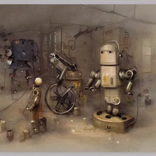 Prompt: (((((((((((cluttered inventors shop full of robots))))))))))) . muted colors. by Jean-Baptiste Monge !!!!!!!!!!!!!!!!!!!!!!!!!!!!!!!!!!!!!!!!