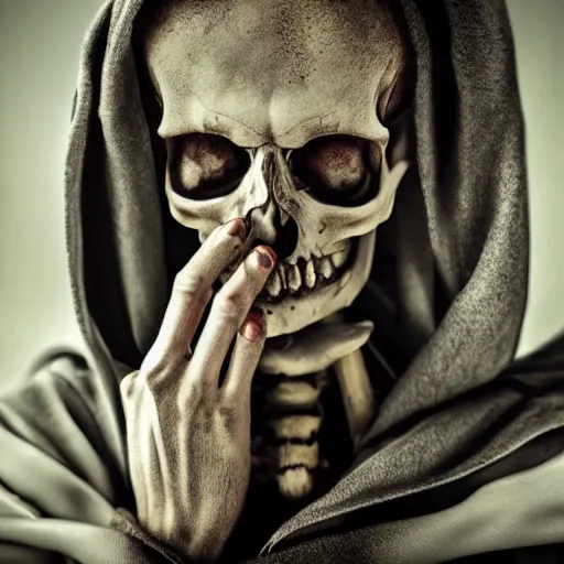 Image similar to cinematic shot epic portrait skeleton wearing a dark robe holding flowers crying, hyper realistic, mood lighting, fantasy, detailed face, highly detailed, super realistic, perfect lighting