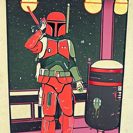 Image similar to boba fett at a cantina, ukio-e artstyle