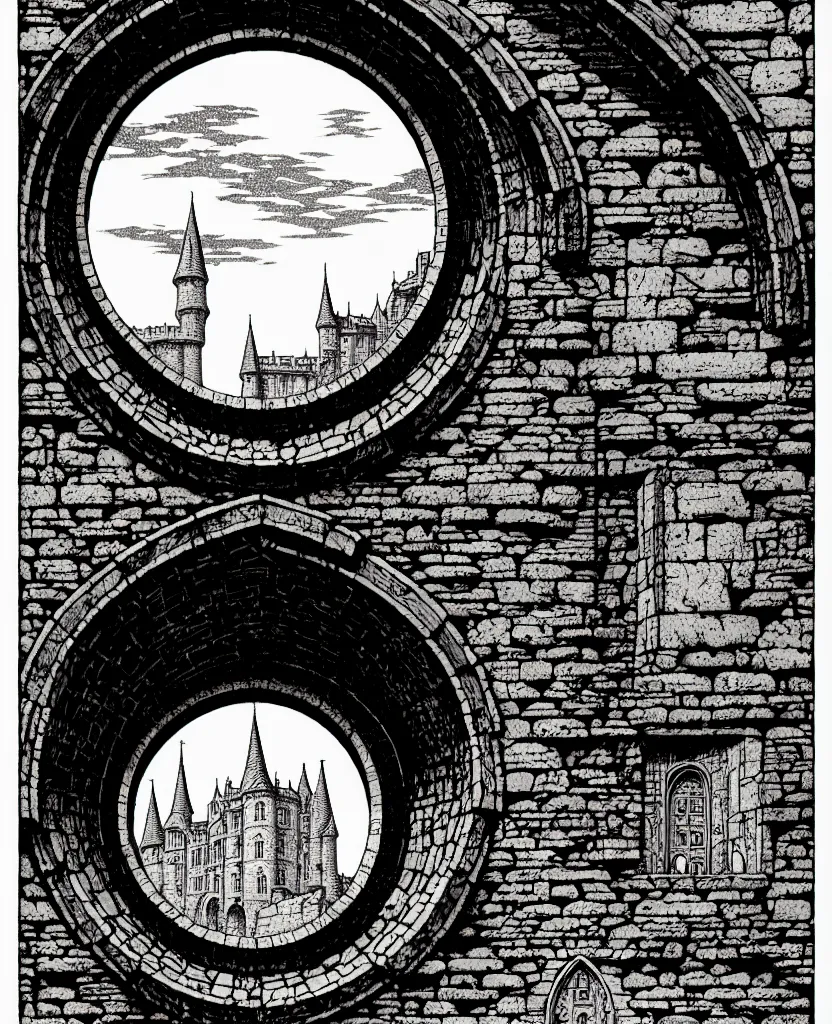 Prompt: stone wall inside of a majestic castle, round window, high details, intricately detailed, by vincent di fate, inking, 3 color screen print, masterpiece, trending on artstation,, sharp, details, hyper - detailed, hd, 4 k, 8 k