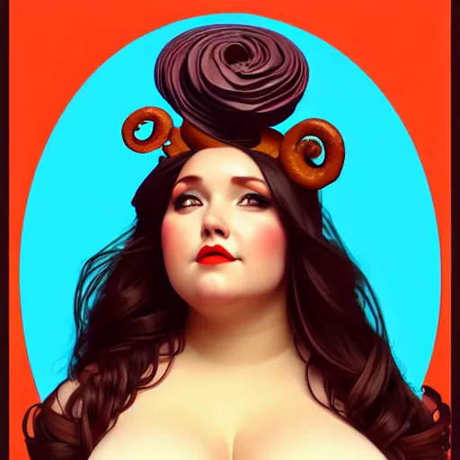 Prompt: curvy woman with a bundt cake head, digital art, cinematic, concept art, 8k, painting, imaginefx, cgsociety, art nouveau, Alphonse Mucha, trending on artstation, medium shot, head shot