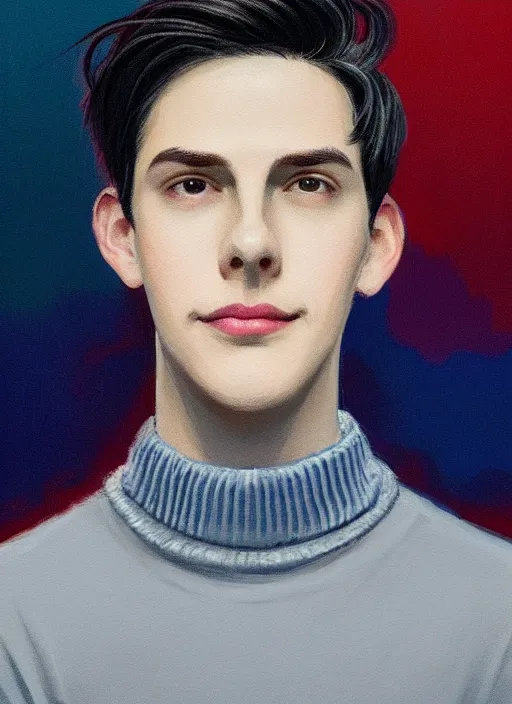 Image similar to portrait of teenage jughead jones wearing a light grey crown, crown, blue turtleneck, closed eyes, eyes closed, smile, crown, black hair, intricate, elegant, glowing lights, warm lighting, highly detailed, digital painting, artstation, concept art, smooth, sharp focus, illustration, art by wlop, mars ravelo and greg rutkowski