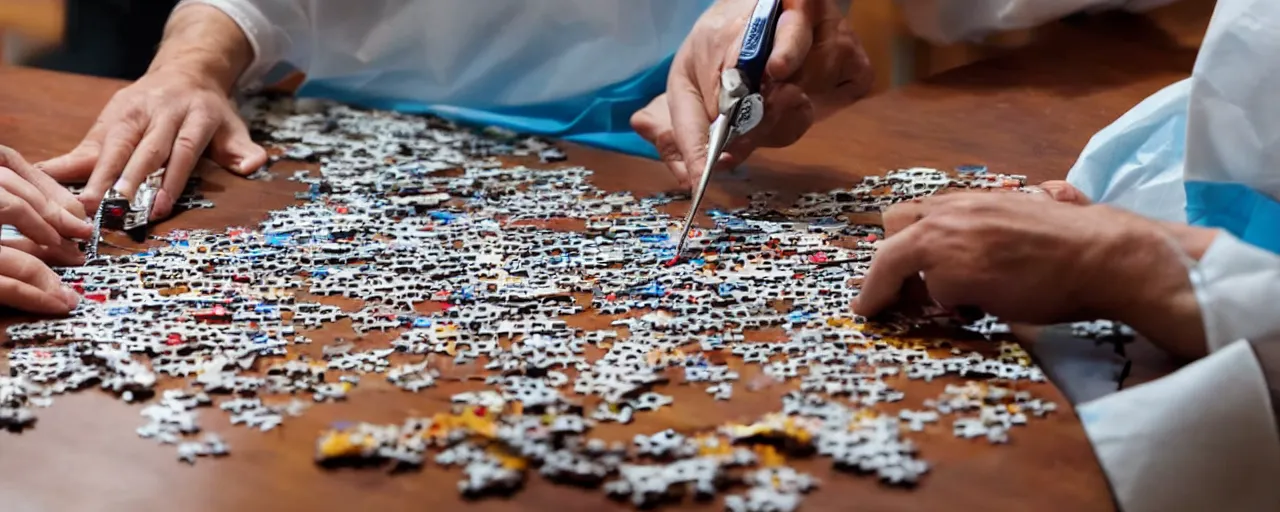 Prompt: a surgeon using a scalpel on a jigsaw puzzle on a table