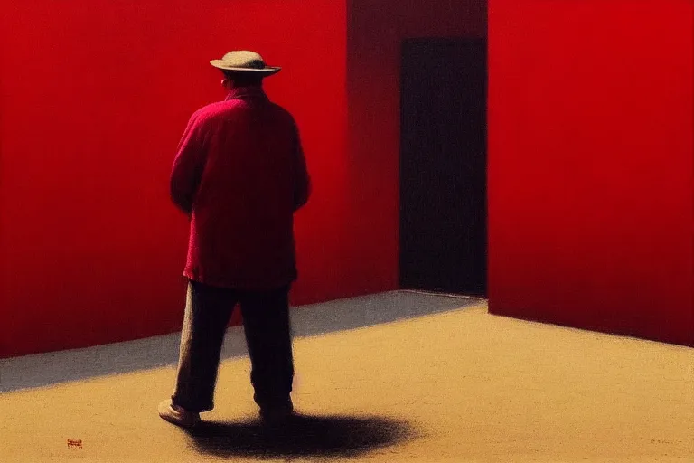 Image similar to only with red, a red old man try to sell a portrait, in a square, crowd cheering, in the style of beksinski, parts by edward hopper, parts by rodcenko, parts by yue minjun, intricate and epic composition, red by caravaggio, insanely quality, highly detailed, masterpiece, red light, artstation, 4 k