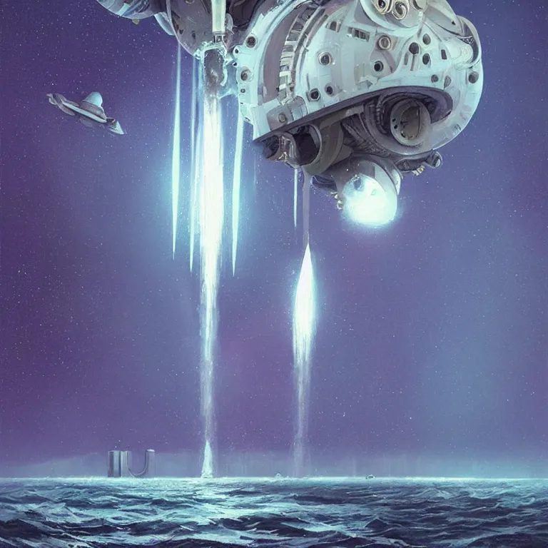 Image similar to mechanical spaceship nautilus dripping wet emerging from a the ocean, launching to space, big booster rocket engines, sci - fi concept art, by john harris, by simon stalenhag, stunning, award winning