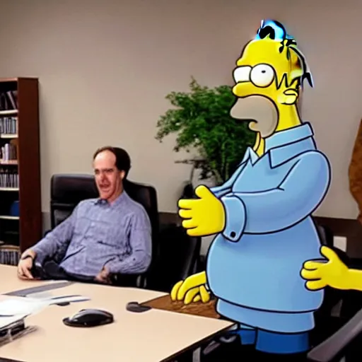 Prompt: homer simpson joins a meeting in the writers room of the simpsons
