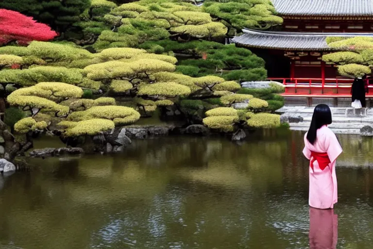 Prompt: cinematography women in kimonos in Kyoto watching joy in a temple pond by Emmanuel Lubezki