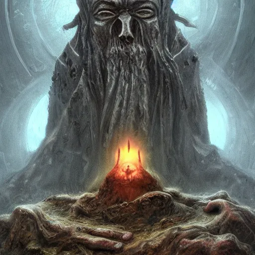 Image similar to Engraved on the wall of necromantic wizards gathered on a gloomy and mysterious island. Beneath his feet rests an ancient god.!dream A patriarchal priest of a long-forgotten Lovecraft god oil painting, digital art, ultradetailed, artstation