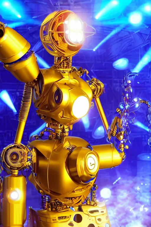 Image similar to portrait photo of a giant huge golden and blue metal humanoid steampunk robot female singer with a human face and gears and tubes, in the foreground is a big red glowing microphone, eyes are glowing red lightbulbs, shiny crisp finish, 3 d render, 8 k, insaneley detailed, fluorescent colors, background is multicolored lasershow