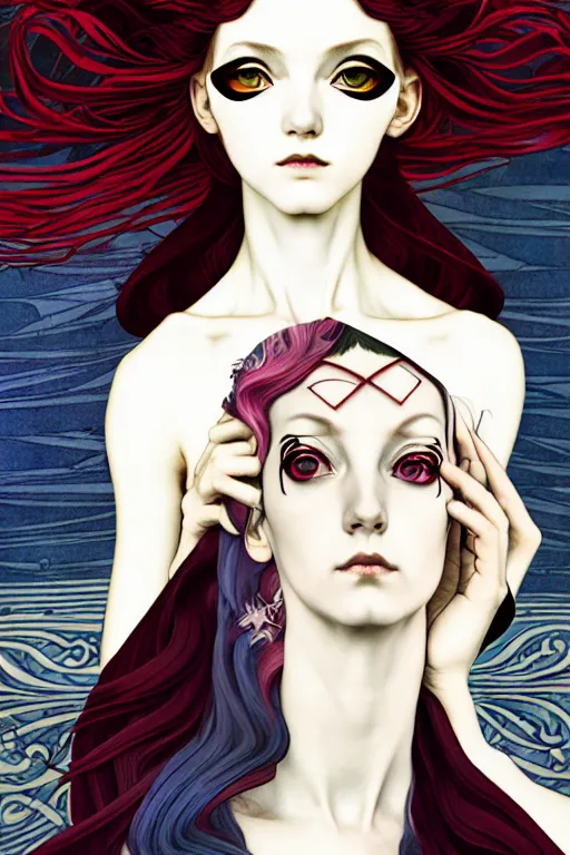 Image similar to a triad of winter muses, style blending æon flux, shepard fairey, botticelli, ivan bilibin, and john singer sargent, inspired by pre - raphaelites, shoujo manga, and harajuku fashion, stark landscape, muted dark colors, superfine inklines, ethereal, otherworldly, 4 k photorealistic, arnold render