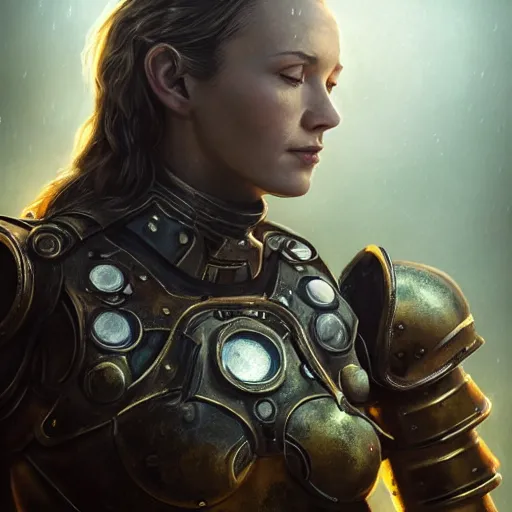 Prompt: unknown fallout 5 female character portrait, partially clothed in highly detailed metal armour, atmospheric lighting, painted, intricate, mist, cold, volumetric lighting, beautiful, blue moon light, golden ratio, sharp focus, ultra detailed, by leesha hannigan, ross tran, thierry doizon, kai carpenter, ignacio fernandez rios