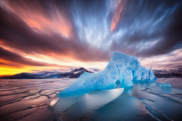 Prompt: moody landscape photography by marc adamus, greenland, sunset, ice