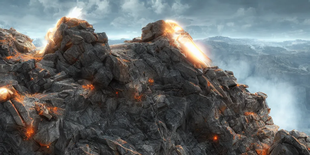 Prompt: sound shockwave hitting a high cliff made of metal, extremely detailed and dramatic digital art, unreal engine, photorealistic, 8 k