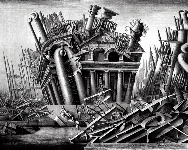 Image similar to Piranesi imagination mixed with the aesthetics of Yves Tanguy