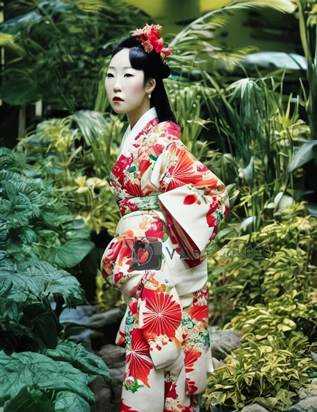 Image similar to fashion full-body photograph of a beautiful Japanese woman wearing a traditional kimono in an tropical greenhouse, by Annie Leibowitz, extremely detailed, large format camera, Fuji Provia film, 90mm lens, bokeh, blurred background, photorealistic, trending on instagram, trending on artstation