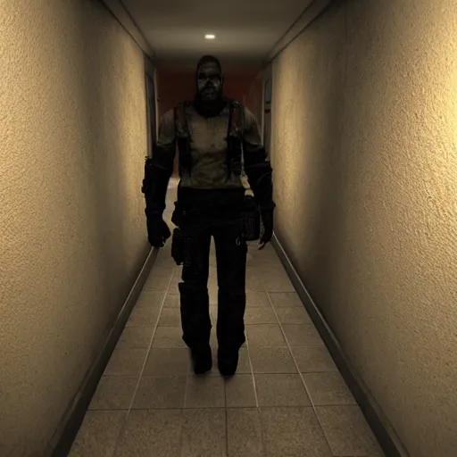 Image similar to joshua graham standing in a dark hallway, resident evil, horror, fallout new vegas, unreal engine, 8 k, ray tracing